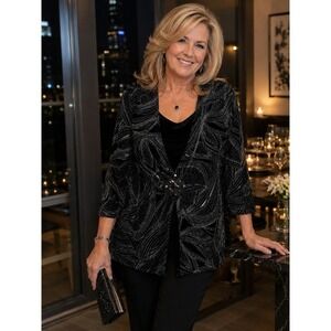Notations Velvet Burnout Sparkle Jacket Women L Black Silver Glitter Evening Top
